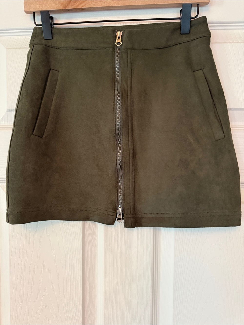 Olive Suede Zip-Front Mini Skirt
